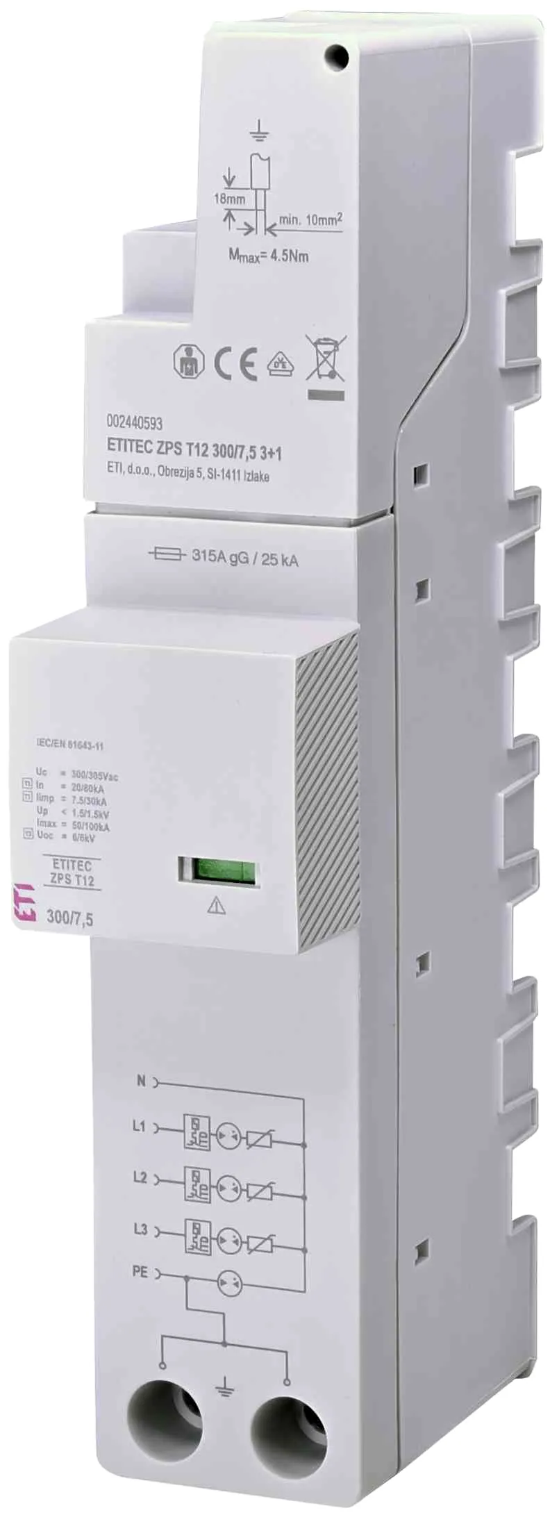 Viršįtampių ribotuvas ETITEC ZPS T12 300/12,5 3+0 RC 002440594